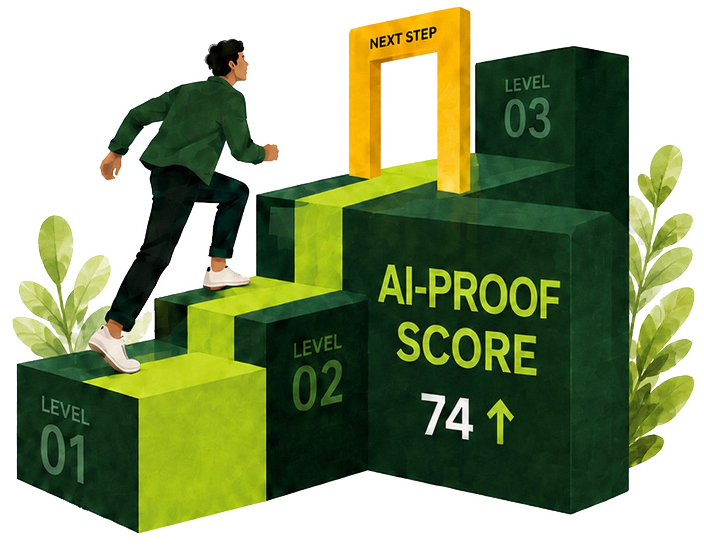 A person climbing green level blocks toward an AI-Proof Score of 74